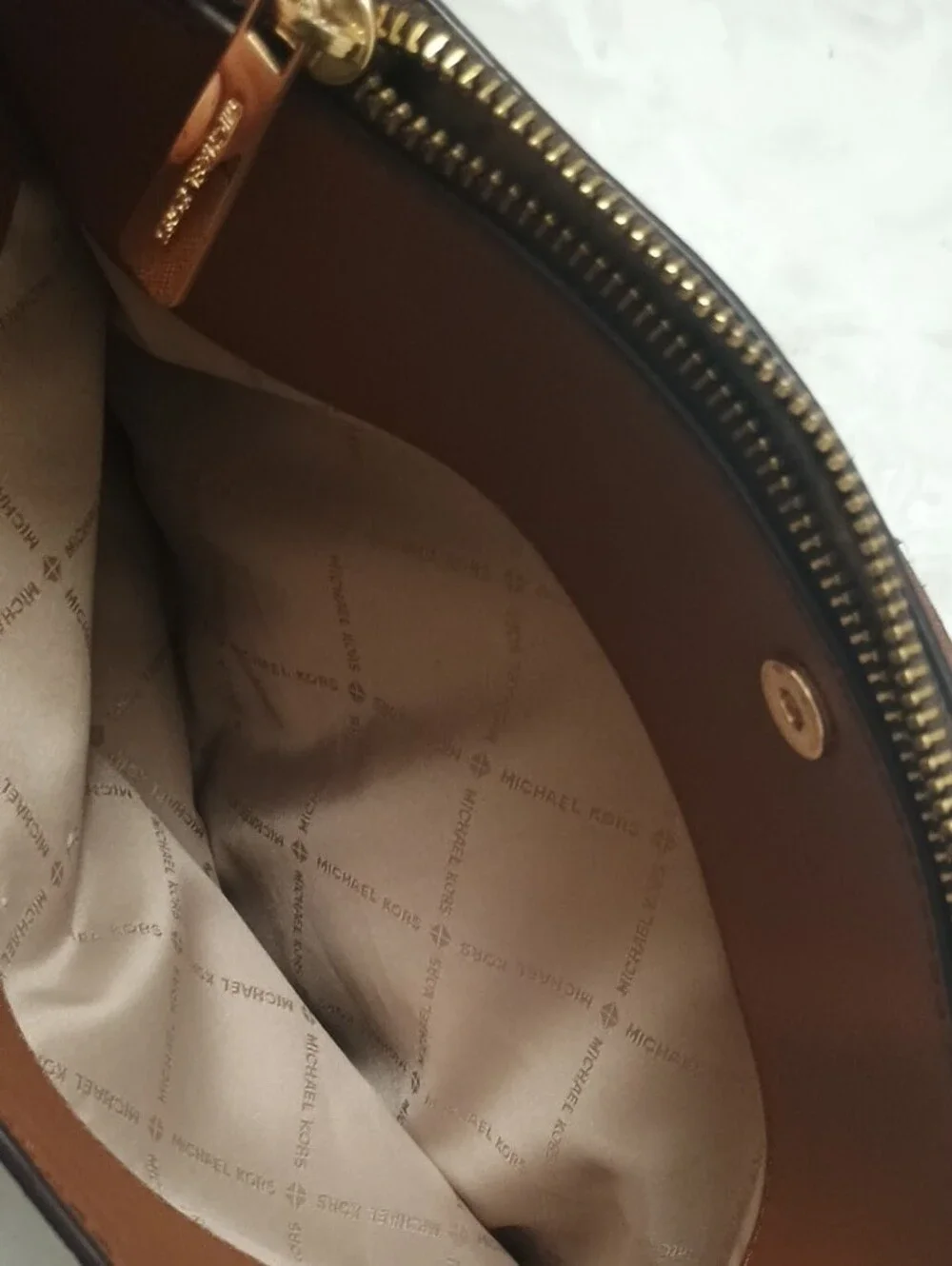 Michael Kors Brown Monogram Dome Satchel with Tan Trim